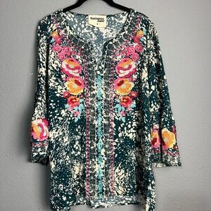 Savanna Jane Embroidered Tunic Top Floral Print Bohemian Style‎ Bell Sleeve Sz M